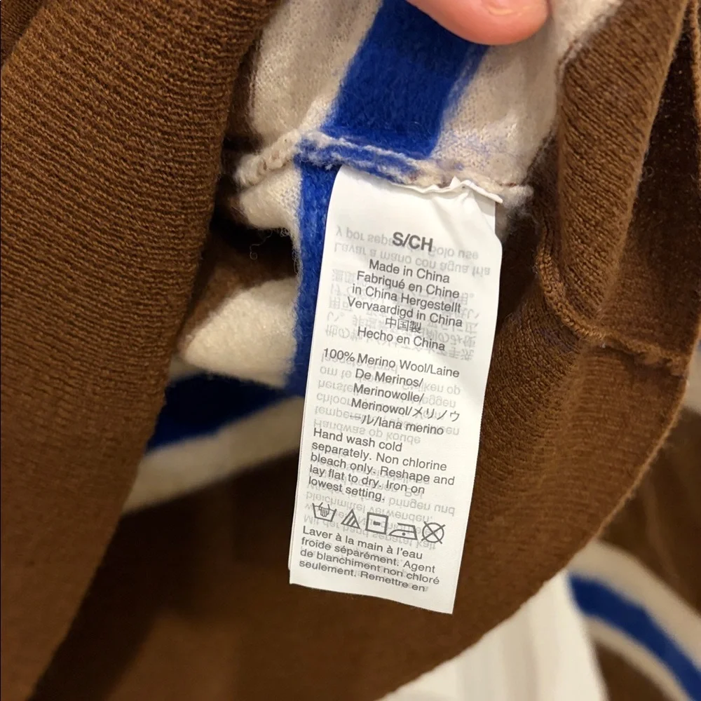 J. Crew Brown Turtleneck Sweater with Blue and White Stripes - Picture 4 of 4